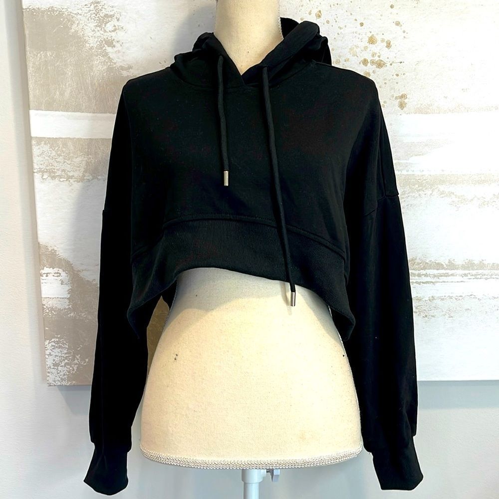 Papermoon Cropped Black Hooded Sweatshirt Size Medium (NWT)